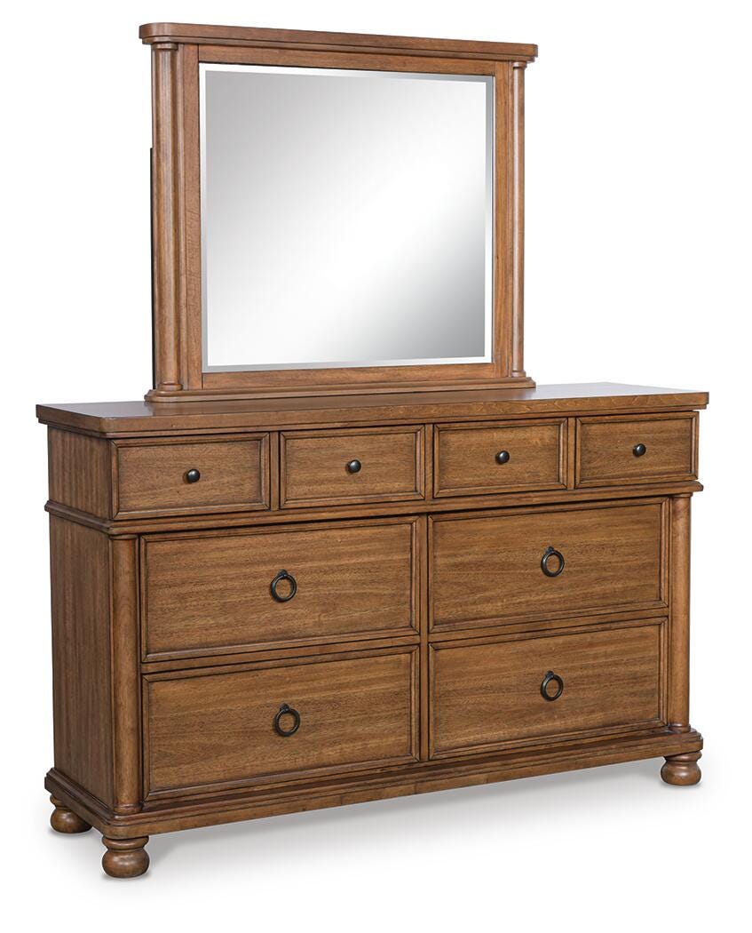 Rowlenstown California King Poster Bed with Mirrored Dresser and Nightstand