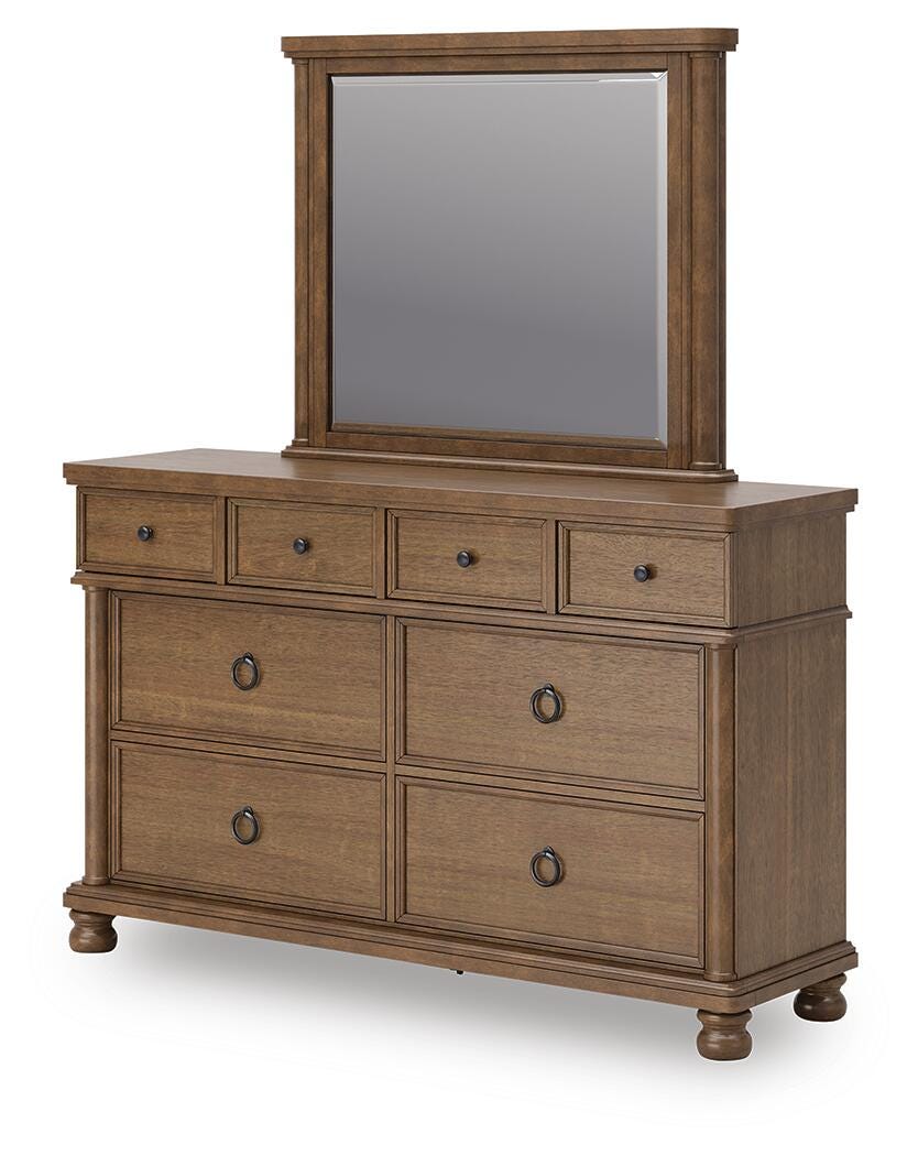 Rowlenstown California King Poster Bed with Mirrored Dresser and Nightstand