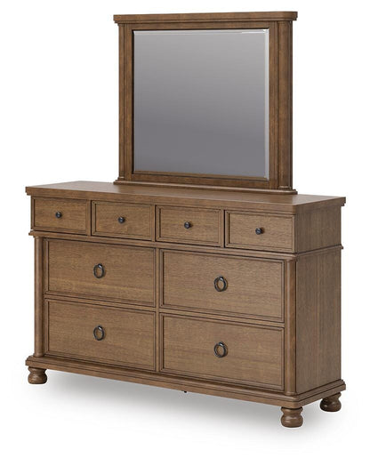 Rowlenstown California King Poster Bed with Mirrored Dresser and Nightstand