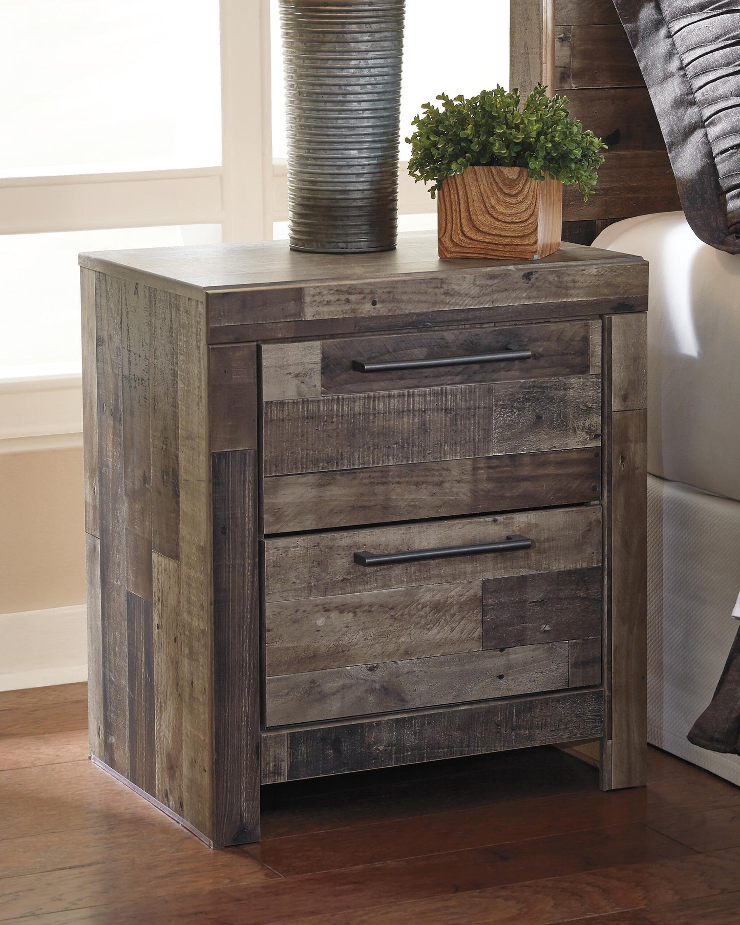 Derekson King Panel Bed with 6 Storage Drawers with Mirrored Dresser, Chest and Nightstand
