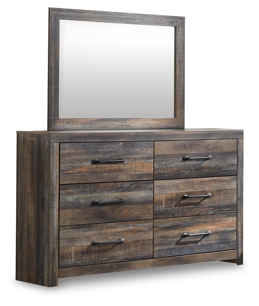 Drystan Queen Panel Bed with 2 Storage Drawers with Mirrored Dresser