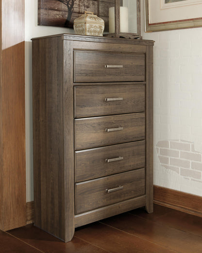 Juararo King Poster Bed with Mirrored Dresser, Chest and Nightstand