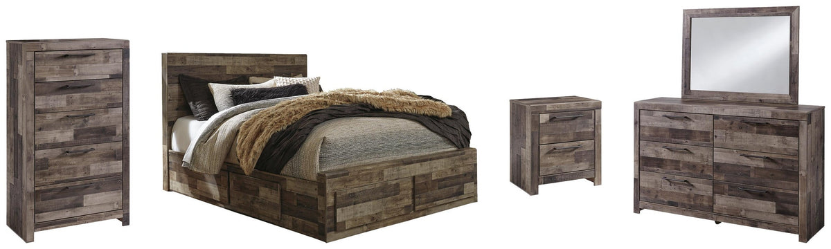Derekson Queen Panel Bed with 4 Storage Drawers with Mirrored Dresser, Chest and Nightstand