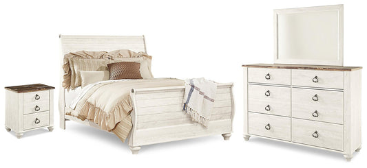 Willowton Queen Sleigh Bed with Mirrored Dresser and Nightstand