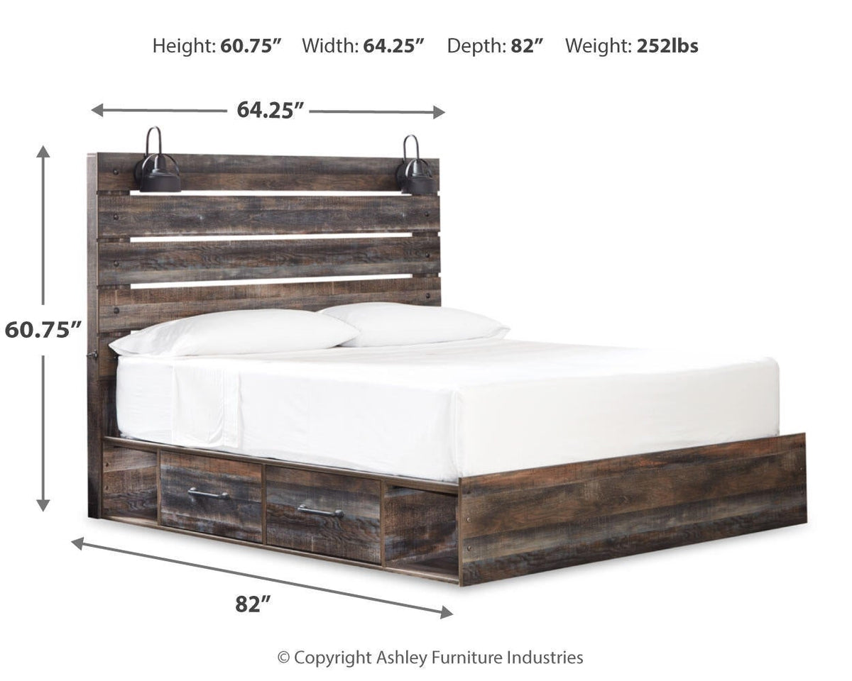 Drystan King Panel Bed with 2 Storage Drawers with Mirrored Dresser and Nightstand