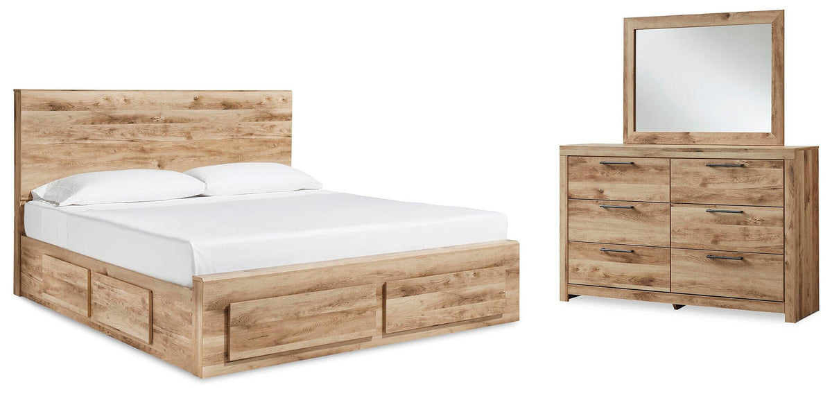 Hyanna King Panel Storage Bed with 1 Under Bed Storage Drawer, Dresser and Mirror
