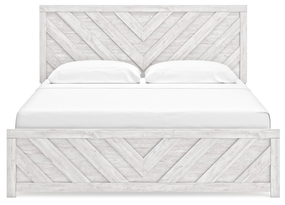 Cayboni King Panel Bed with Mirrored Dresser and Nightstand