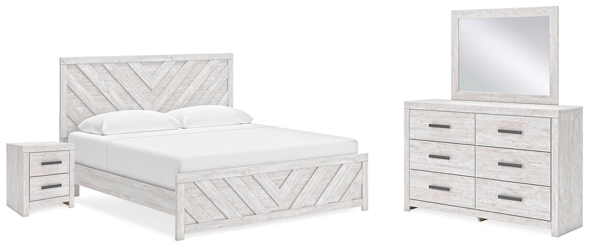 Cayboni King Panel Bed with Mirrored Dresser and Nightstand