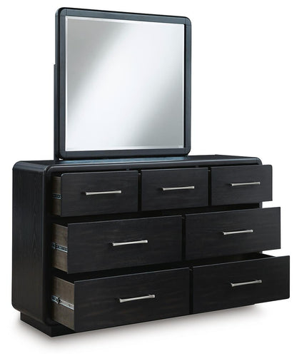 Rowanbeck Queen Upholstered Panel Bed with Mirrored Dresser