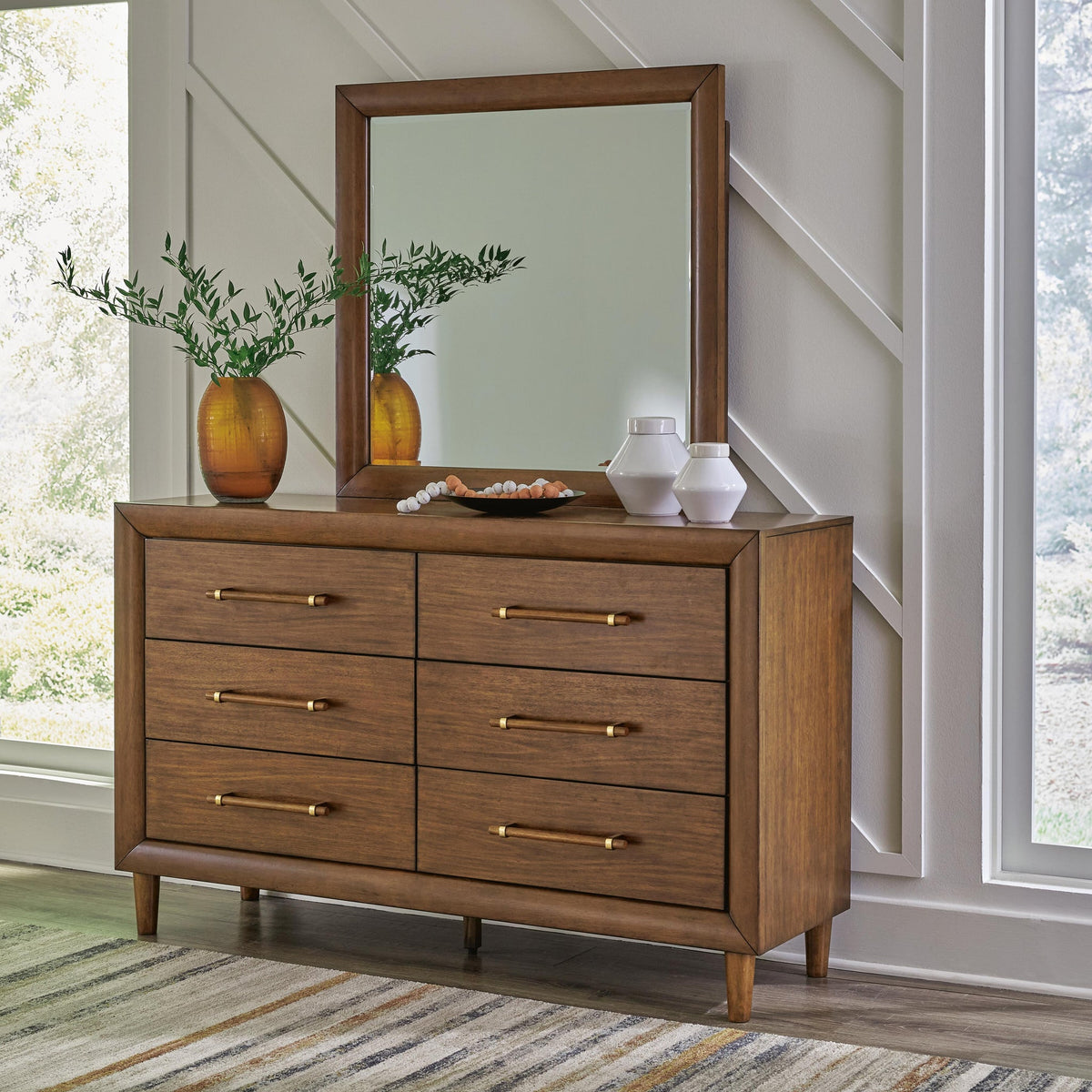 Lyncott King Upholstered Bed with Mirrored Dresser
