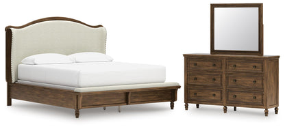 Sturlayne California King Upholstered Panel Bed, Dresser and Mirror