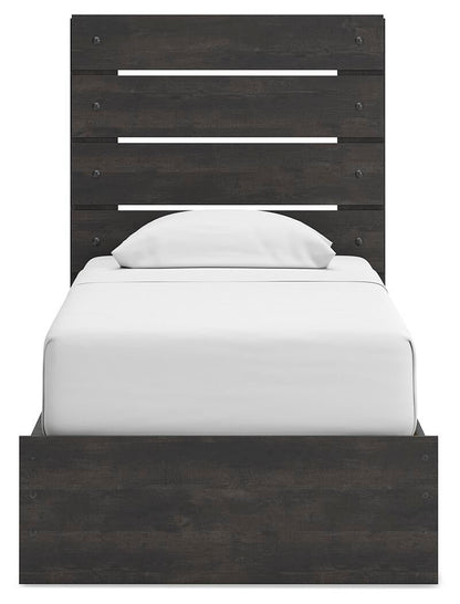 Delmorta Twin Panel Bed with Storage, Dresser, Mirror and Nightstand