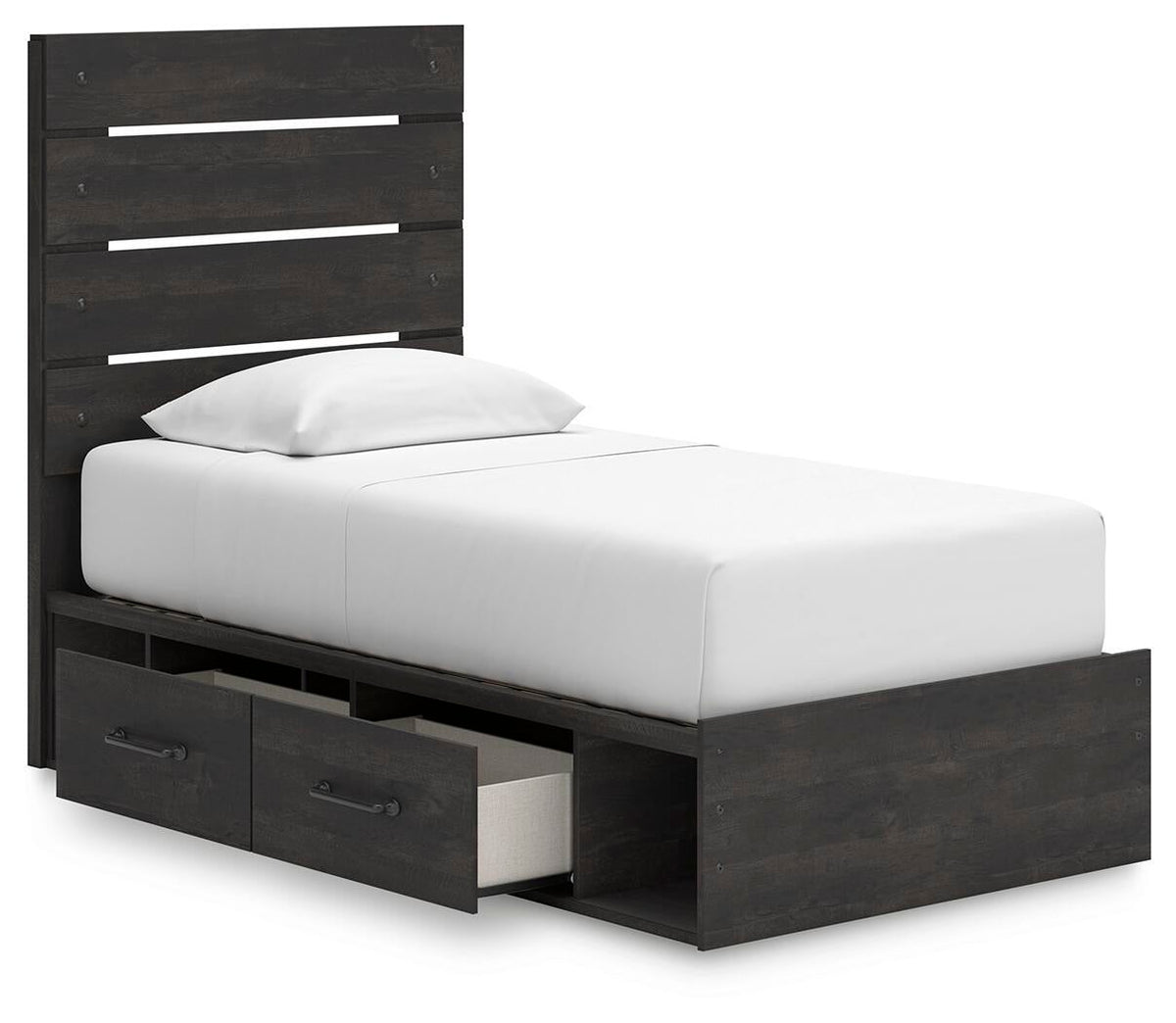 Delmorta Twin Panel Bed with Storage, Dresser, Mirror and Nightstand