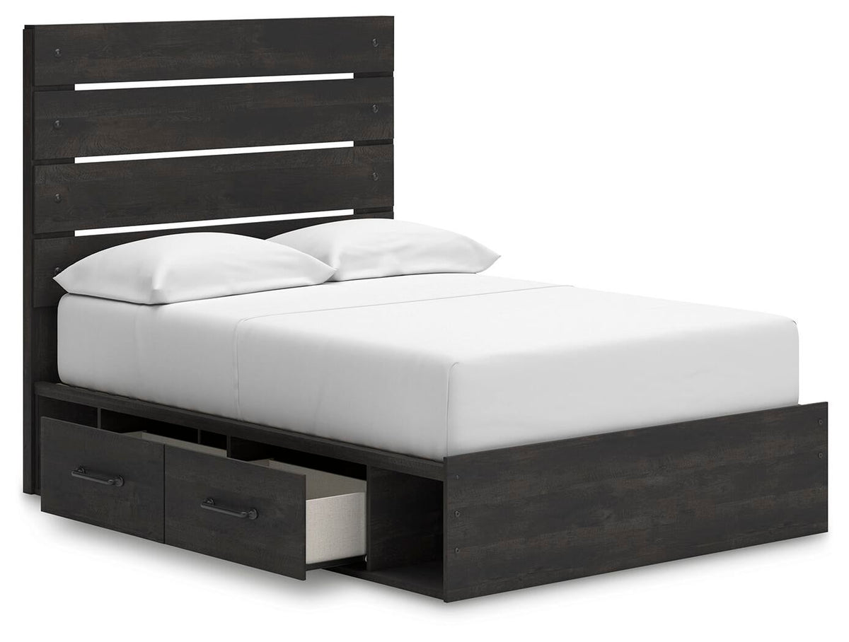 Delmorta Full Panel Bed with Storage, Dresser and Mirror