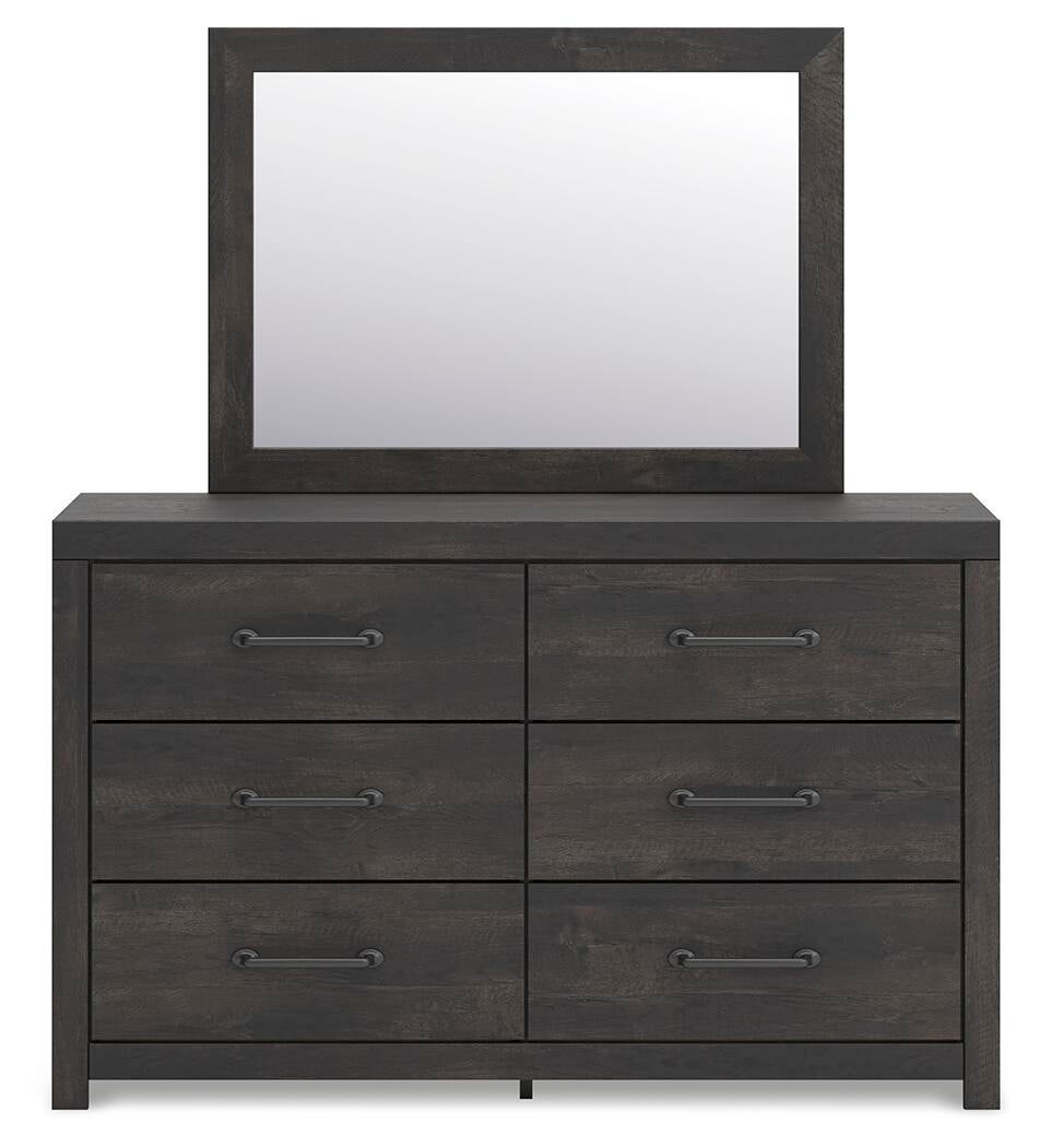 Delmorta Full Panel Bed with Storage, Dresser, Mirror and Nightstand