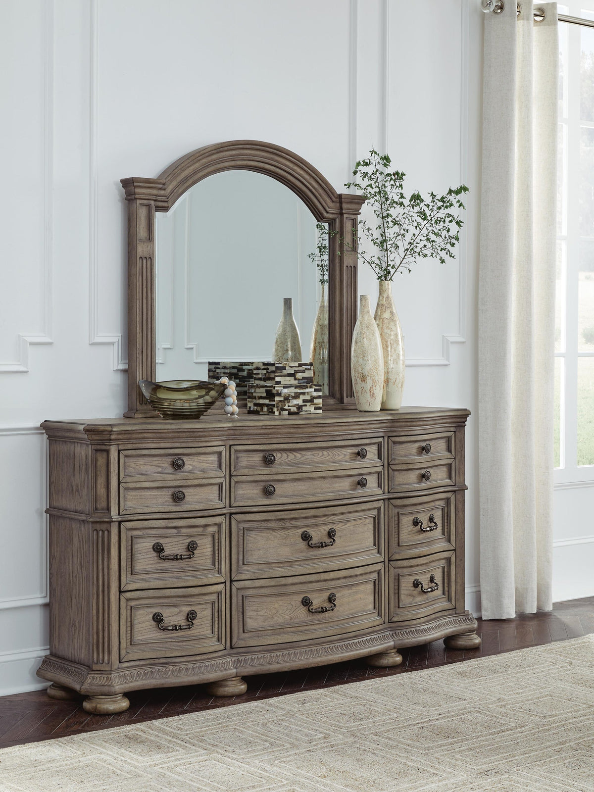 Ardenfield Queen Upholstered Sleigh Bed, Dresser and Mirror
