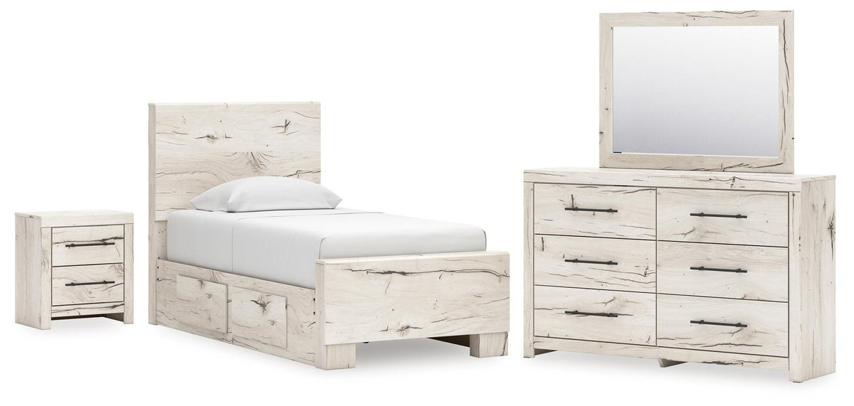 Lawroy Twin Panel Bed with Storage, Dresser, Mirror and Nightstand