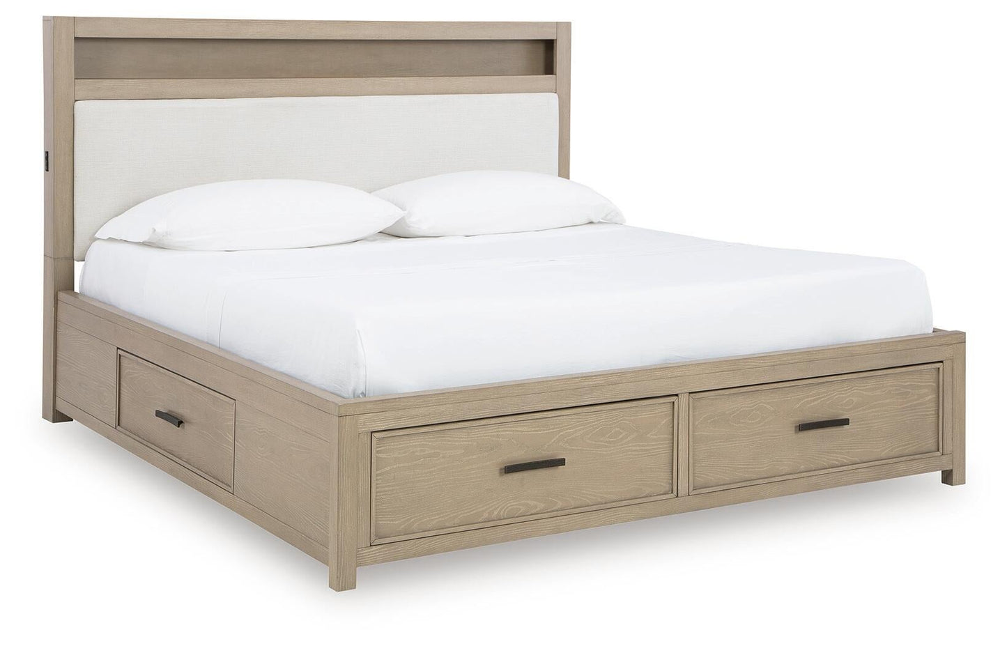 Calmoro King Bookcase Bed with Mirrored Dresser and Nightstand