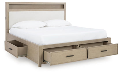 Calmoro King Bookcase Bed with Mirrored Dresser and Nightstand