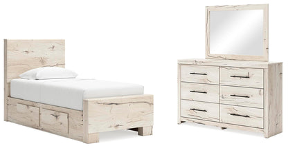 Lawroy Twin Panel Bed with Storage, Dresser and Mirror