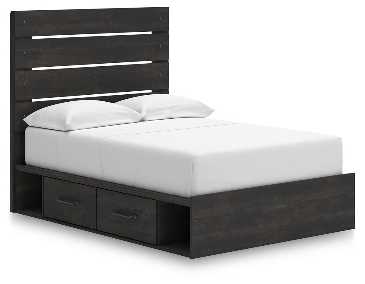 Delmorta Full Panel Storage Bed, Dresser, Mirror and Nightstand