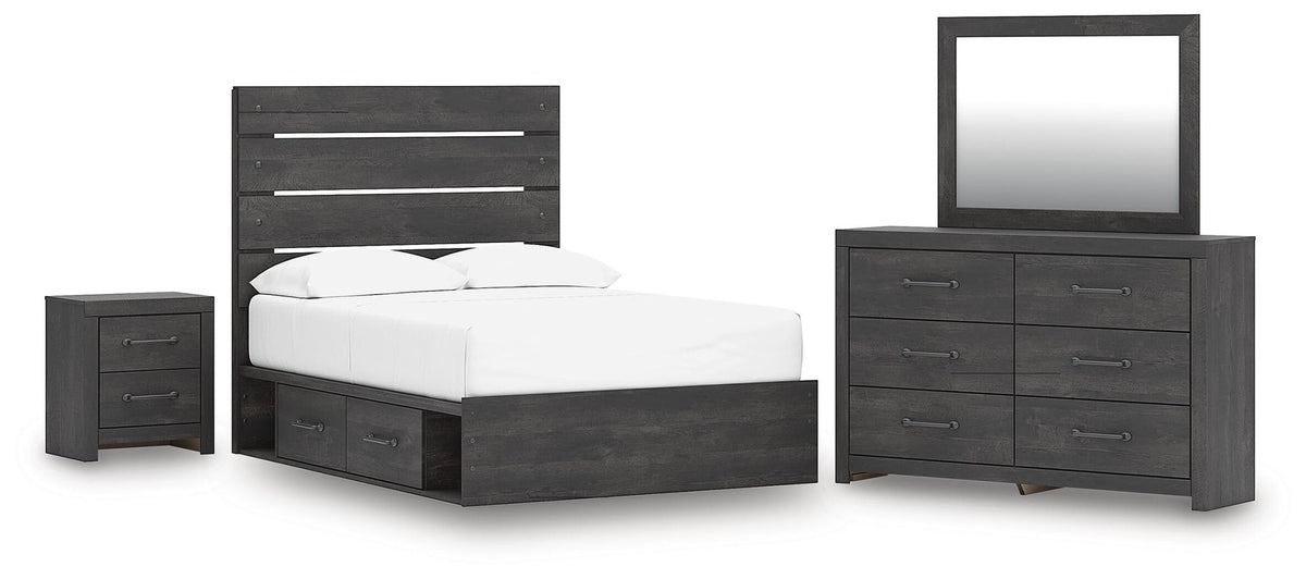 Delmorta Full Panel Storage Bed, Dresser, Mirror and Nightstand