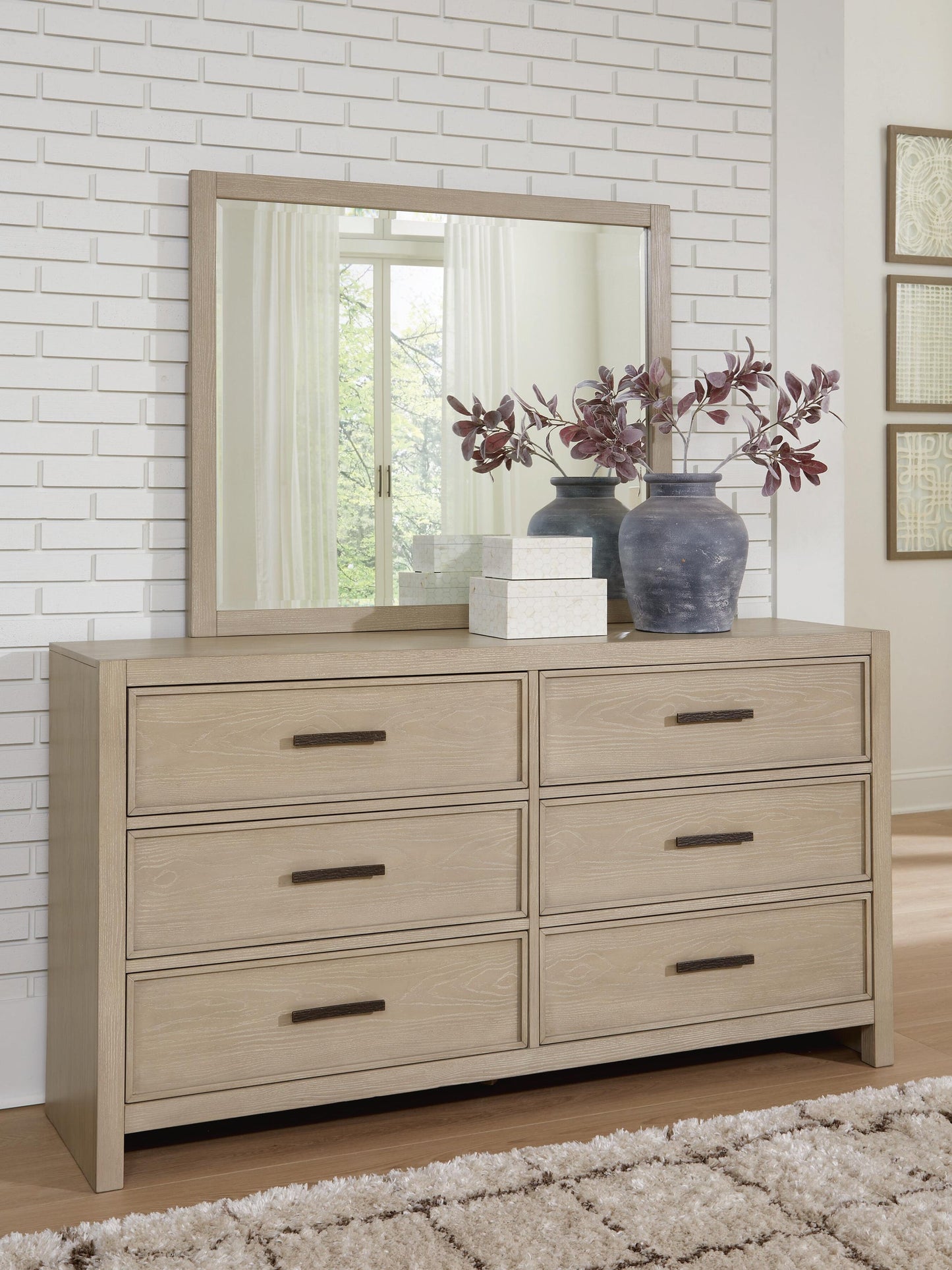 Calmoro Queen Bookcase Bed with Mirrored Dresser and Nightstand