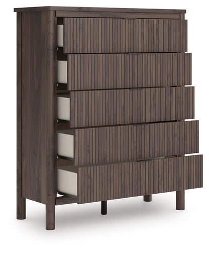Cadmori Queen Upholstered Panel Bed, Dresser, Mirror and Nightstand