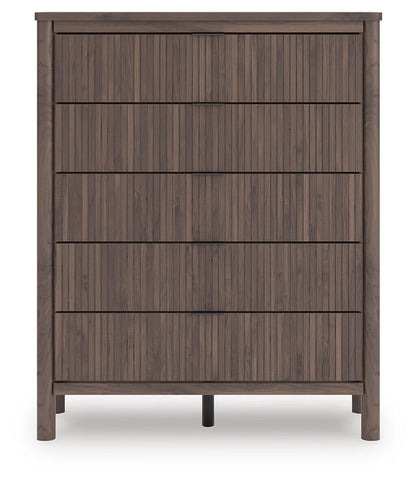 Cadmori Queen Upholstered Panel Bed, Dresser, Mirror and Nightstand