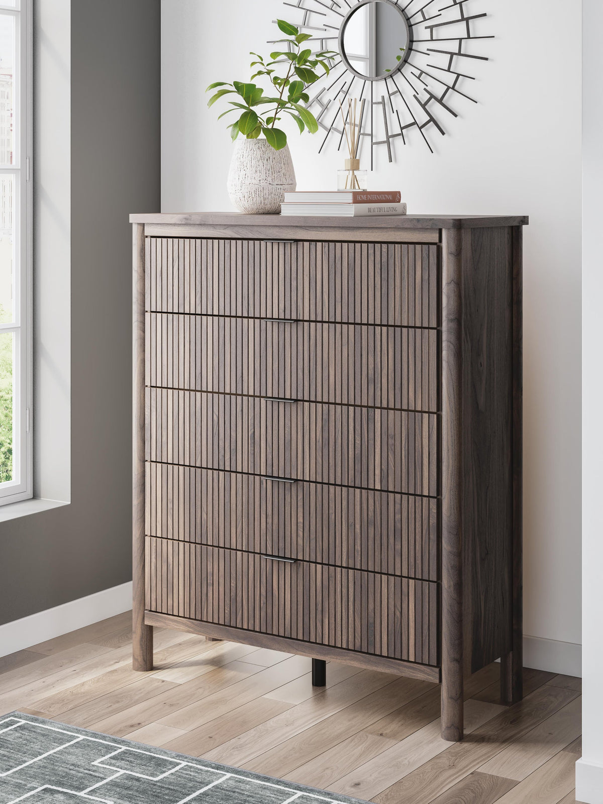 Cadmori Queen Upholstered Panel Bed, Dresser, Mirror and Nightstand
