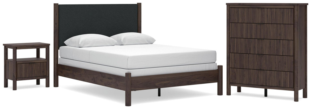 Cadmori Queen Upholstered Panel Bed, Dresser, Mirror and Nightstand