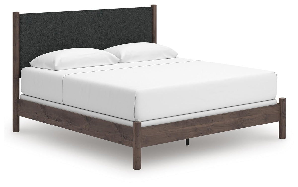 Cadmori King Upholstered Panel Bed, Dresser and Mirror