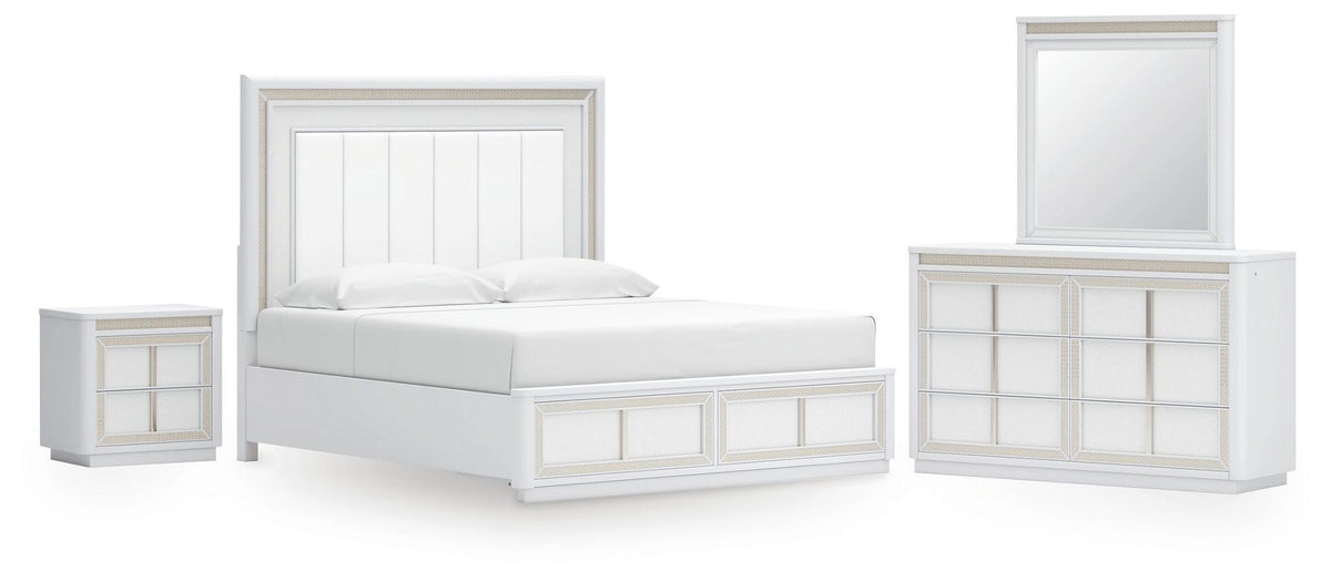 Chalanna King Upholstered Storage Bed, Dresser, Mirror and Nightstand