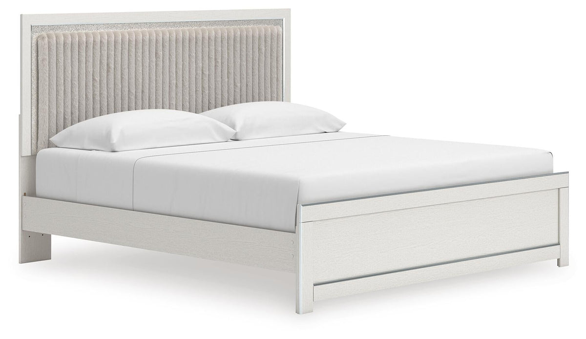Birmonton King Upholstered Panel Platform Bed, Dresser, Mirror and Nightstand