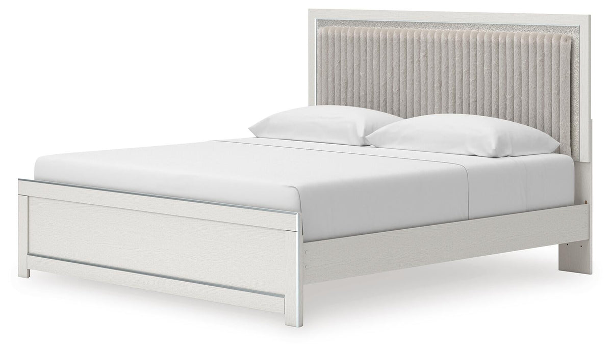 Birmonton King Upholstered Panel Platform Bed, Dresser and Mirror