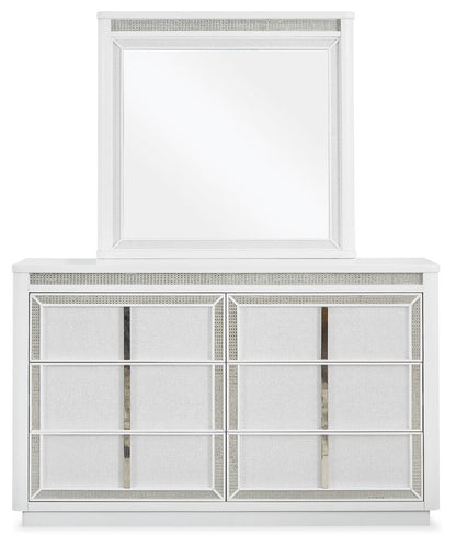 Chalanna California King Upholstered Storage Bed, Dresser, Mirror and Nightstand
