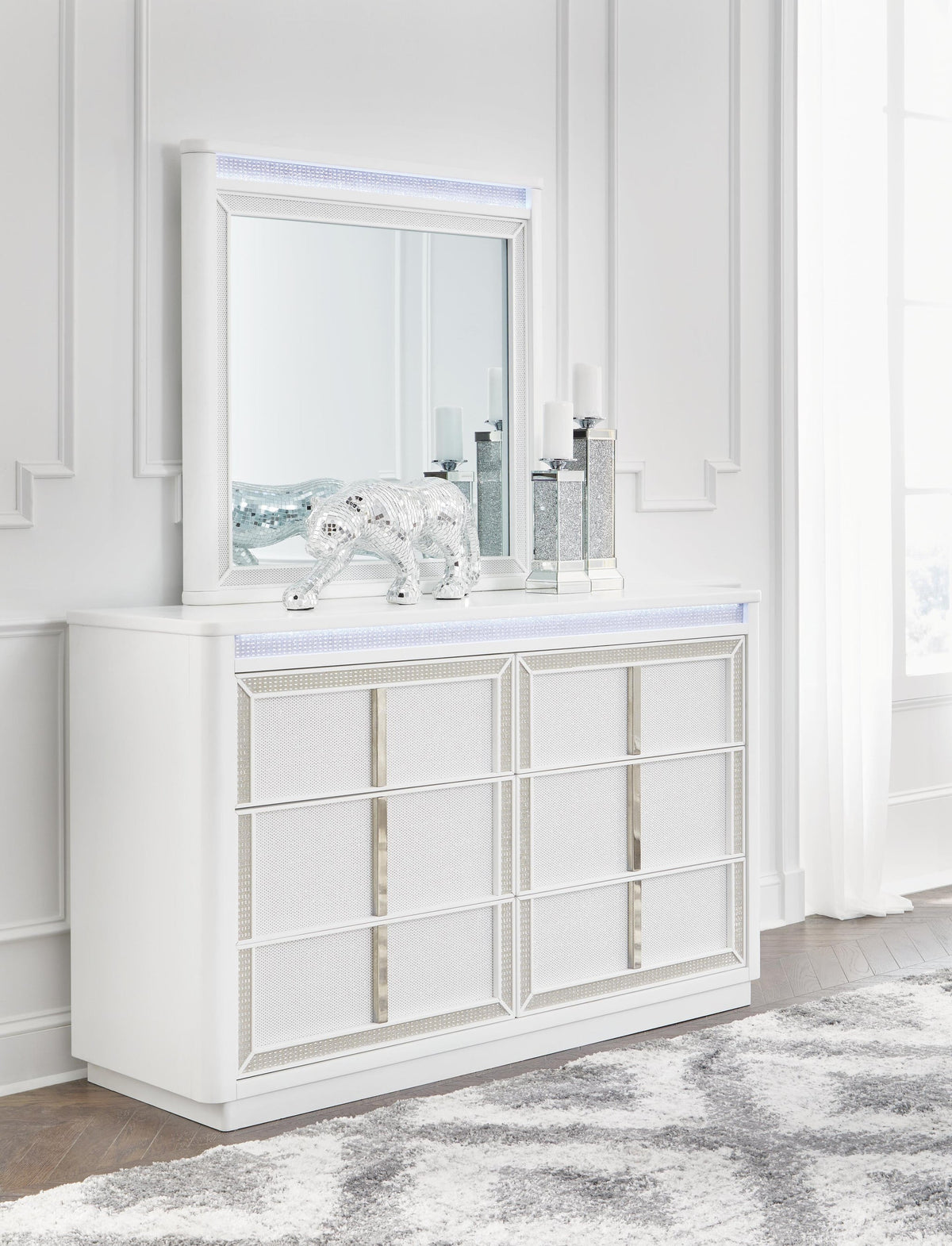 Chalanna California King Upholstered Storage Bed, Dresser, Mirror and Nightstand