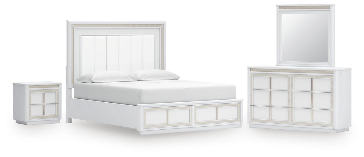 Chalanna California King Upholstered Storage Bed, Dresser, Mirror and Nightstand