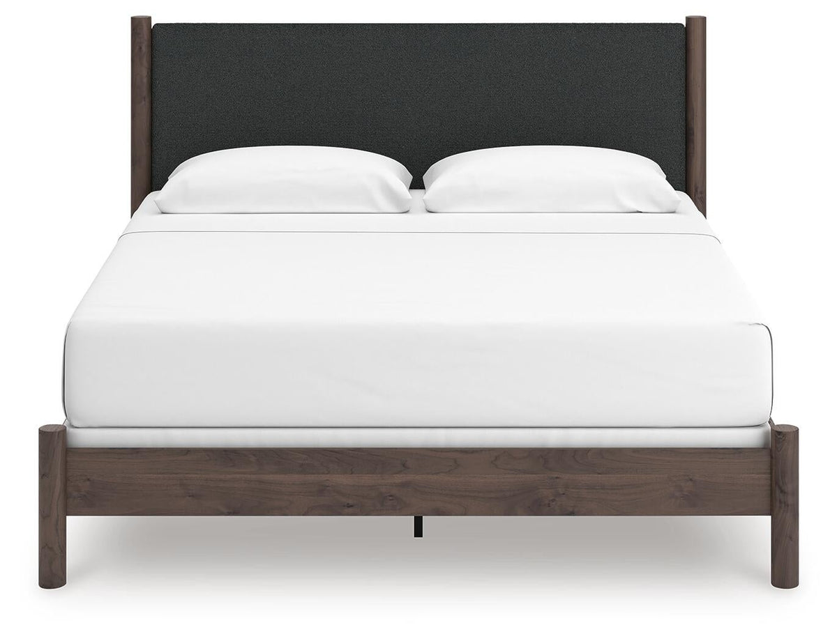 Cadmori King Upholstered Panel Bed, Dresser, Mirror and Nightstand