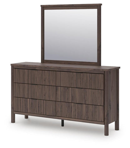 Cadmori Full Upholstered Panel Platform Bed, Dresser and Mirror