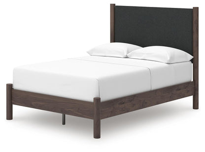 Cadmori Full Upholstered Panel Platform Bed, Dresser and Mirror
