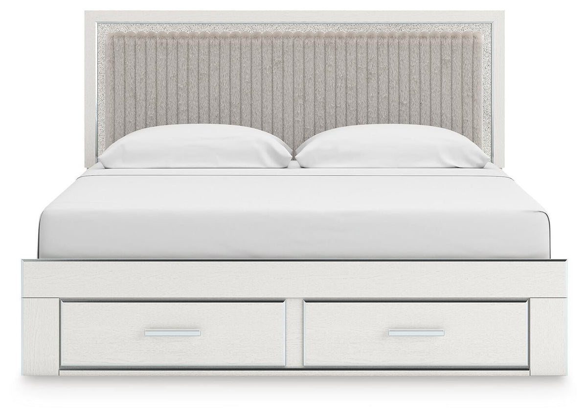 Birmonton King Upholstered Panel Platform Storage Bed, Dresser, Mirror and Nightstand