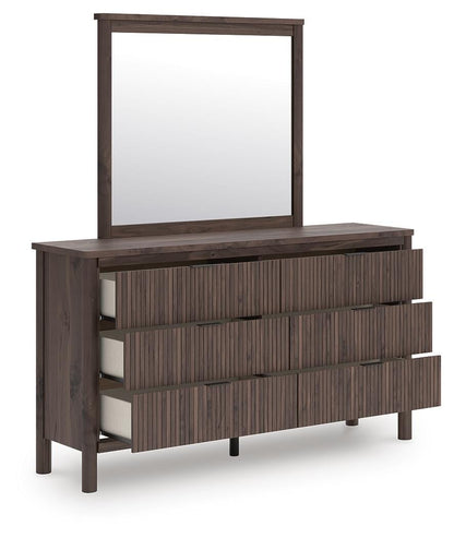 Cadmori Twin Upholstered Panel Platform Bed, Dresser, Mirror and Nightstand