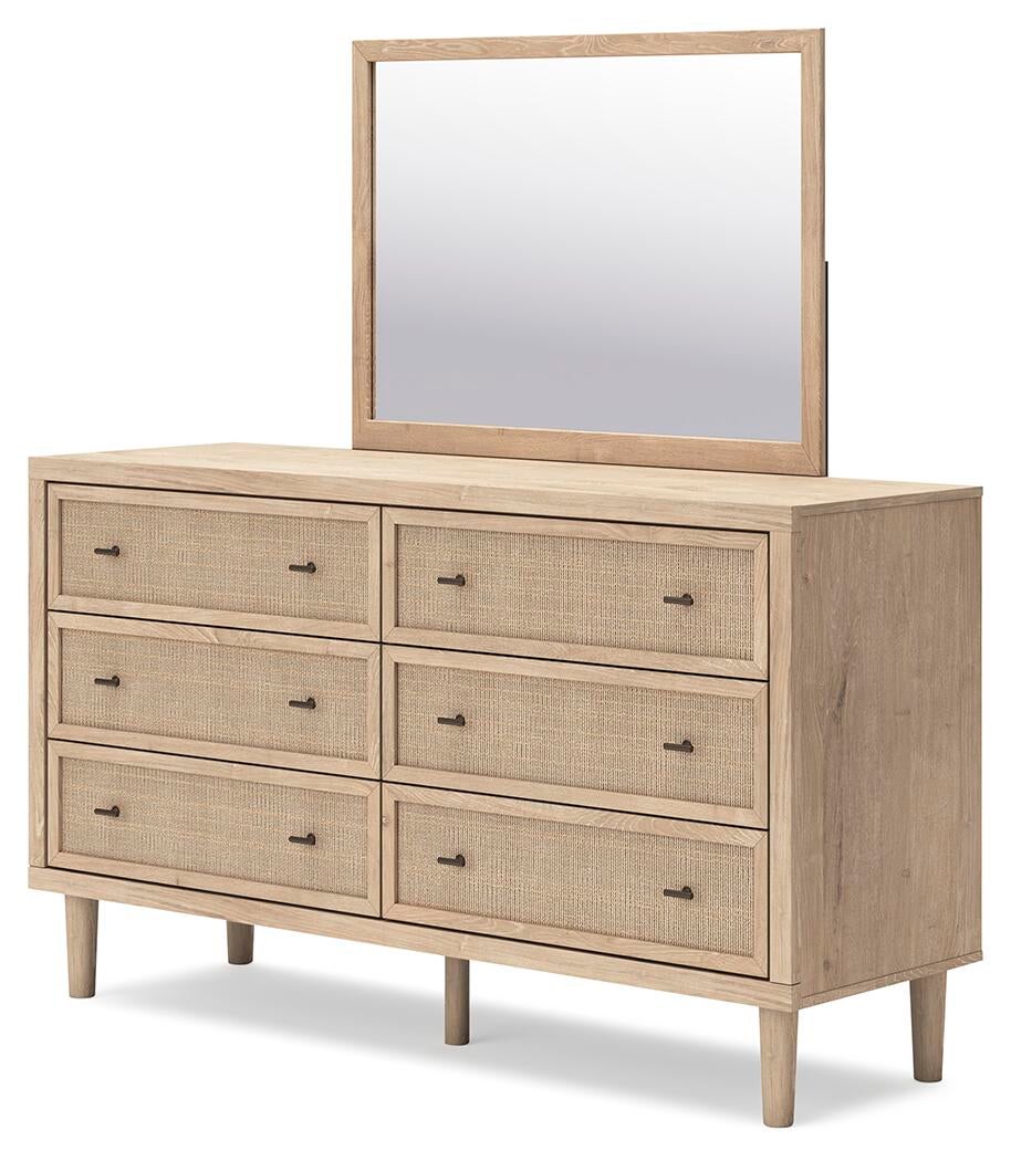 Cielden California King Upholstered Bed with Roll Slats, Dresser and Mirror