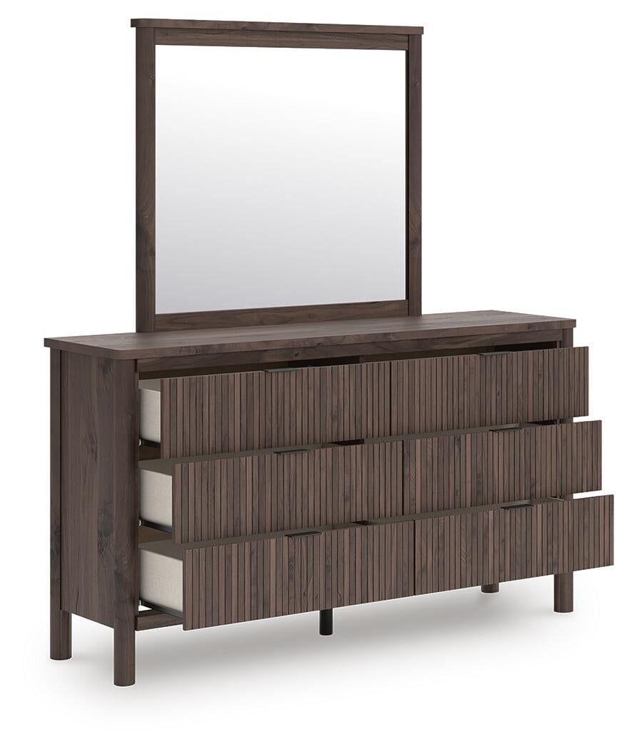 Cadmori Queen Upholstered Panel Platform Bed, Dresser, Mirror and Nightstand