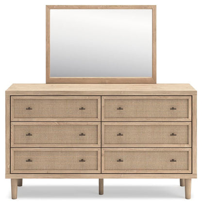 Cielden Queen Upholstered Bed with Roll Slats, Dresser, Mirror and Nightstand