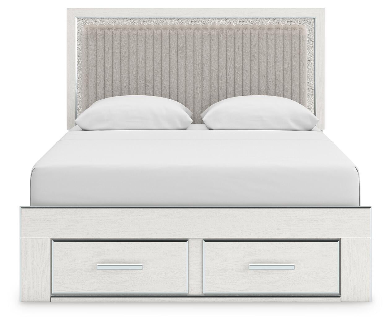 Birmonton Queen Upholstered Panel Platform Storage Bed, Dresser and Mirror