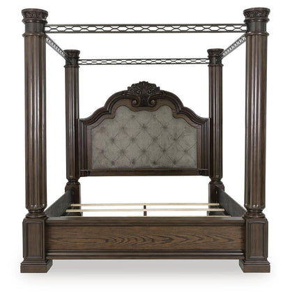 Maylee California King Canopy Bed, Dresser, Mirror and Nightstand