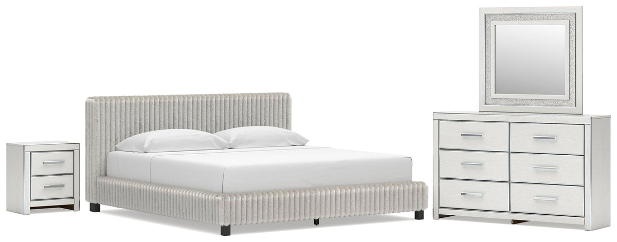 Birmonton King Upholstered Bed, Dresser, Mirror and Nightstand