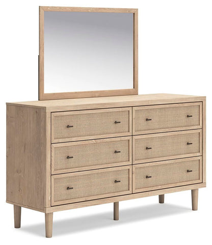 Cielden California King Upholstered Bed with Roll Slats, Dresser, Mirror and Nightstand